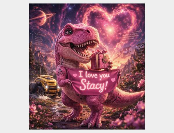 Romantic sunset with a lovable T-rex by Press Rex