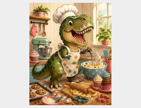 Dinosaur baker in a cozy kitchen by Press Rex