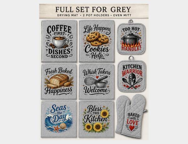 Gray kitchen textile set mockup by Press Rex