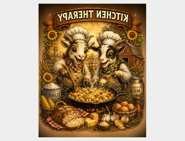 Cheerful goats in kitchen therapy by Press Rex