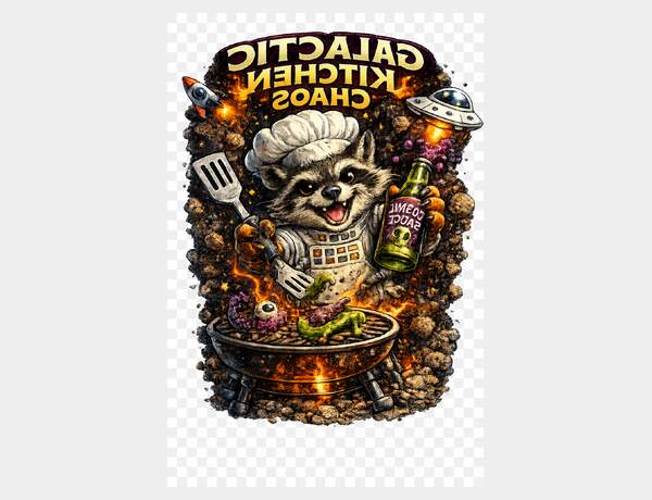 Galactic kitchen chaos with raccoon chef by Press Rex