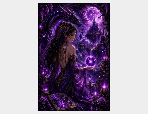 Gothic sorceress and dragon at twilight by Press Rex
