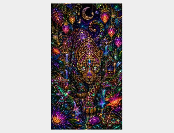 Jewel-encrusted jungle carnival at night by Press Rex