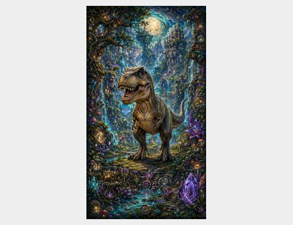 Mystical dinosaur in glowing jungle realm by Press Rex