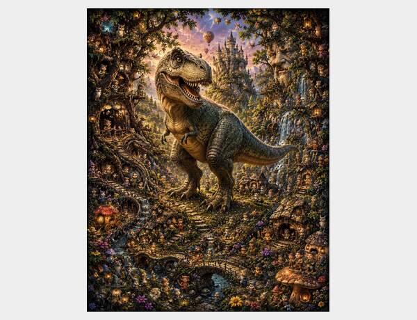 Whimsical village with a friendly dinosaur by Press Rex