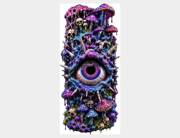 Grotesque eye surrounded by fungi and skulls by Press Rex