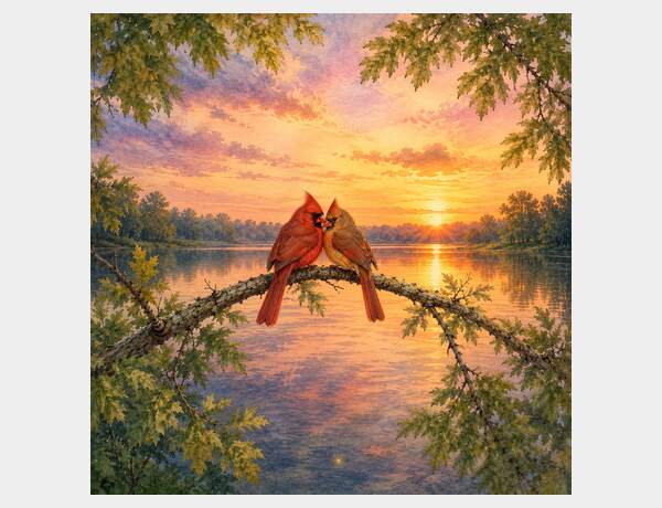 Cardinals by a Sunset Lake · Wind Spinner Artwork by Press Rex