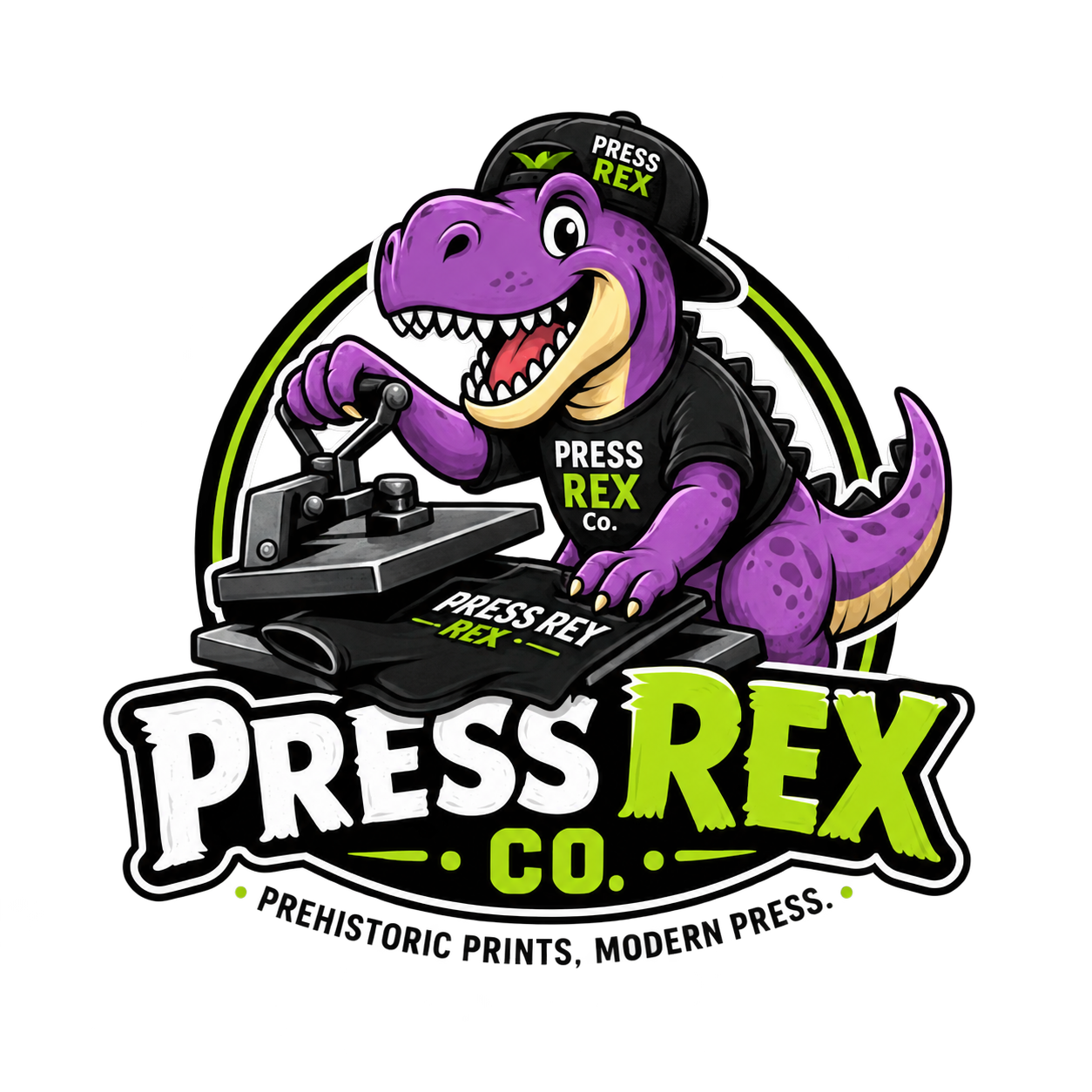 Press Rex Co. logo with the original purple T-Rex mascot operating a heat press