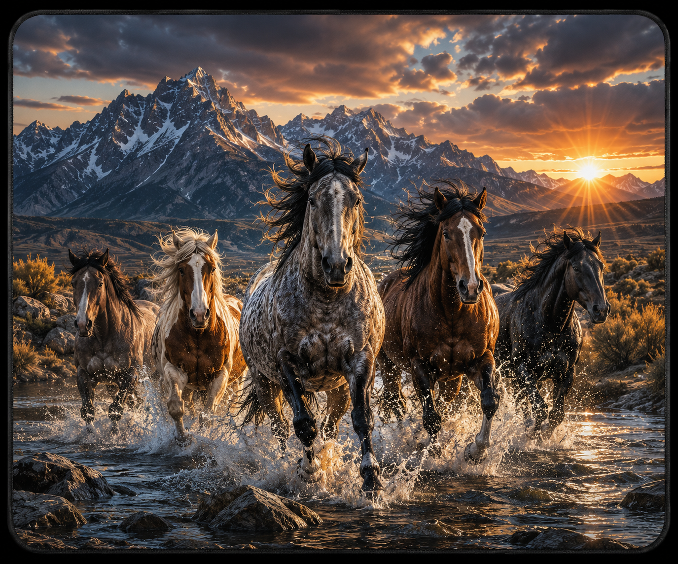 Wild horses running through mountain water custom mouse pad design by Press Rex